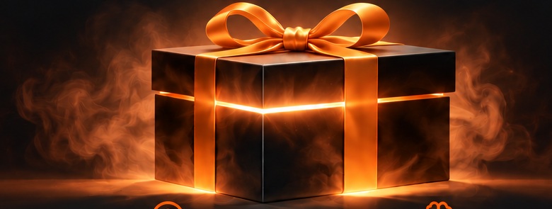 A mysterious black gift box with glowing orange ribbon